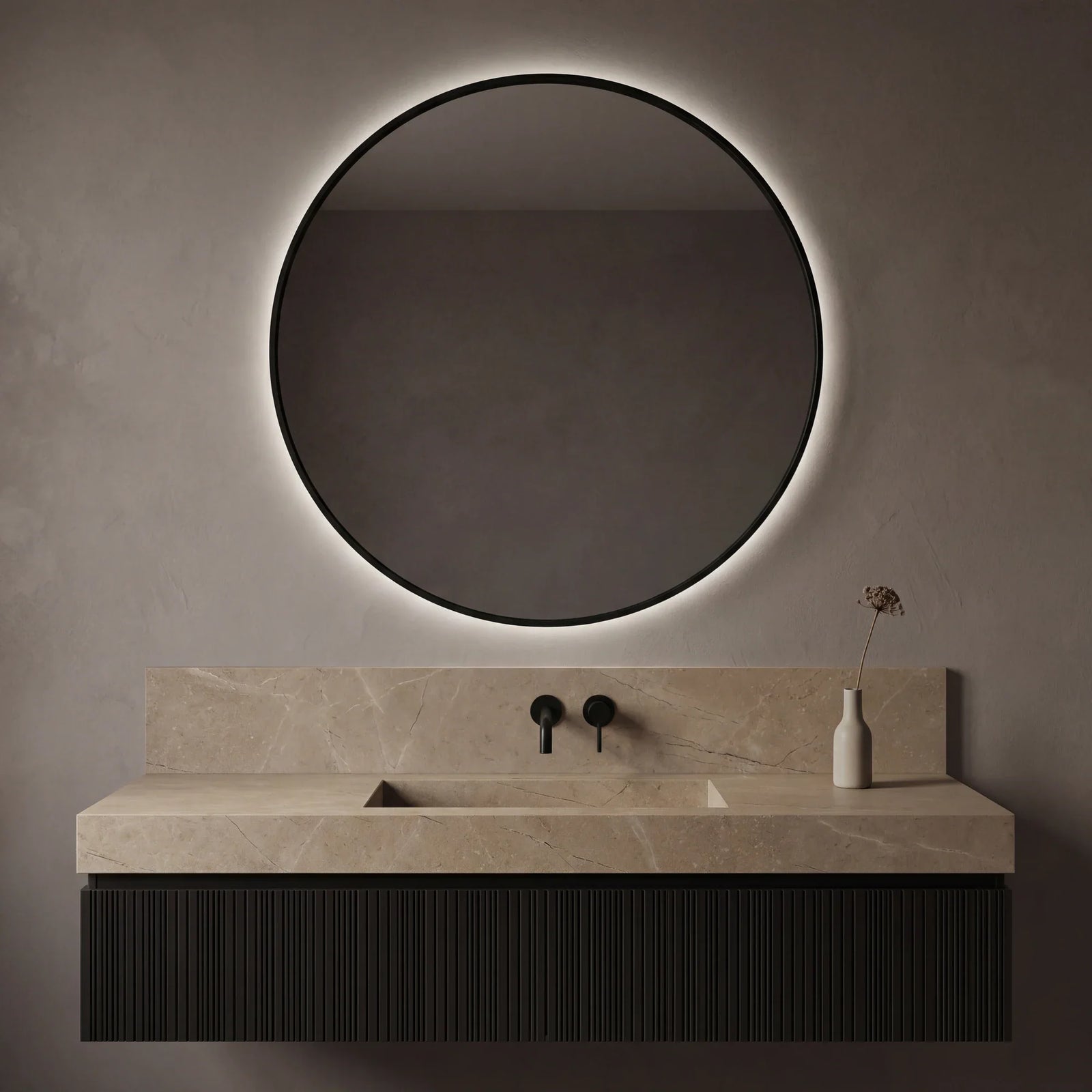 VIANO round backlit LED mirror in slim matte stainless steel by Claris Company