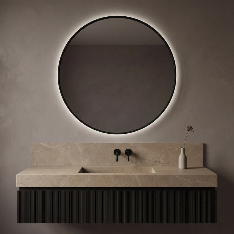 VIANO round backlit LED mirror in slim matte stainless steel by Claris Company