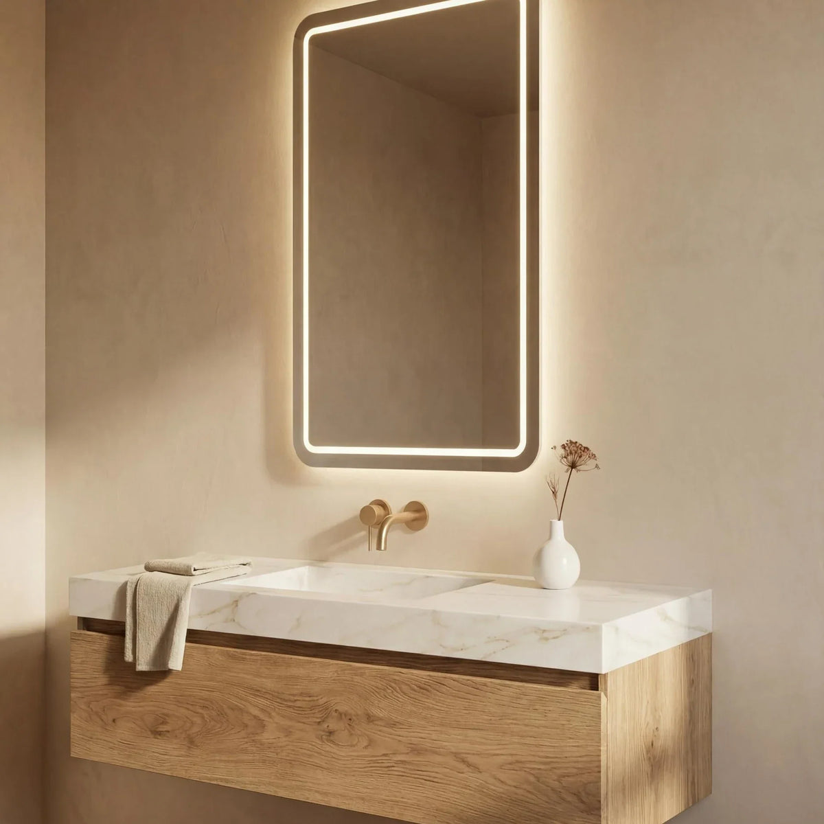 VITA backlit mirror above a floating oak vanity with a marble top and a wall-mounted faucet