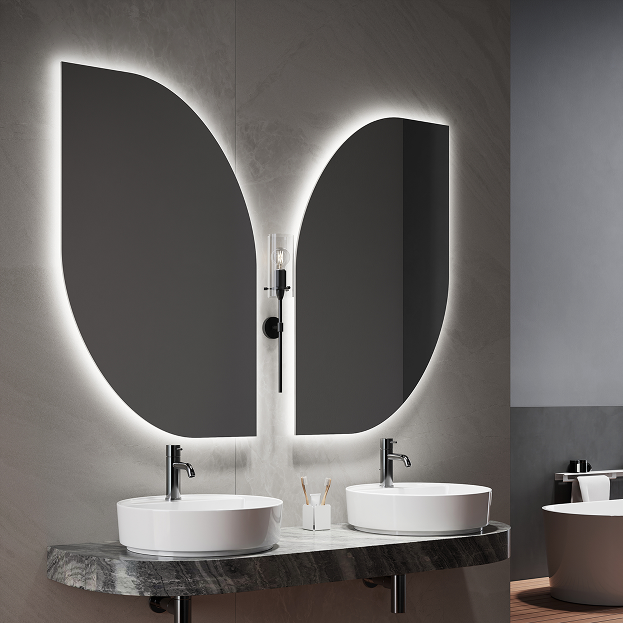 Close-up of BUTTERFLY mirror’s elegant curves and illuminated edges