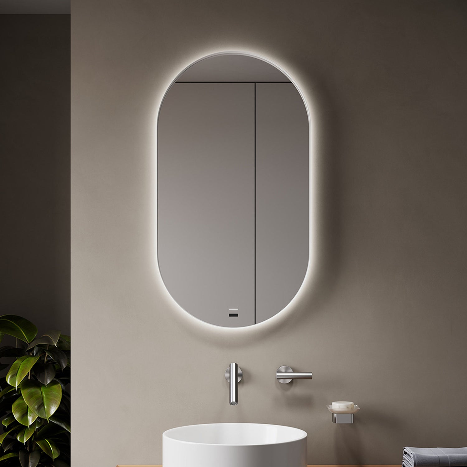 DIANO WHITE oval LED bathroom mirror with white matte stainless steel frame. Claris Company.