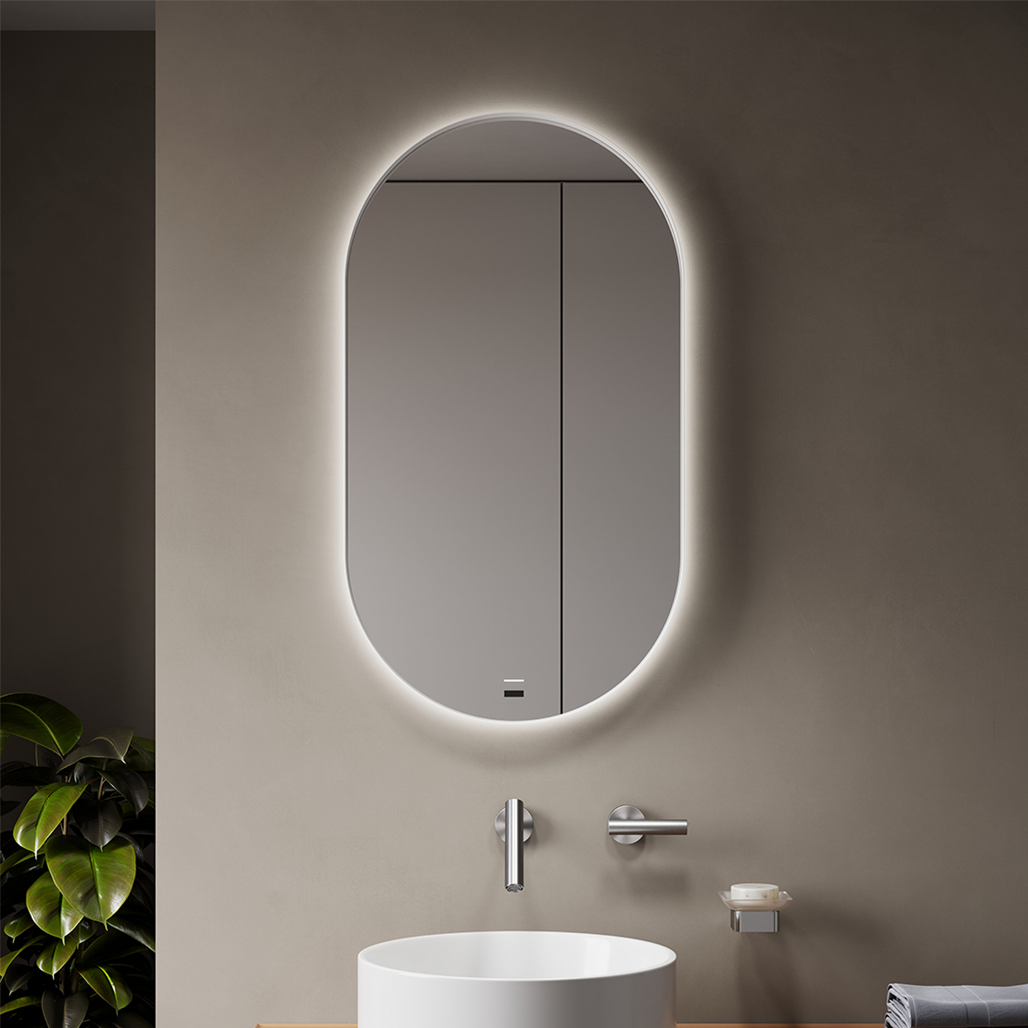 DIANO WHITE oval LED bathroom mirror with white matte stainless steel frame. Claris Company.