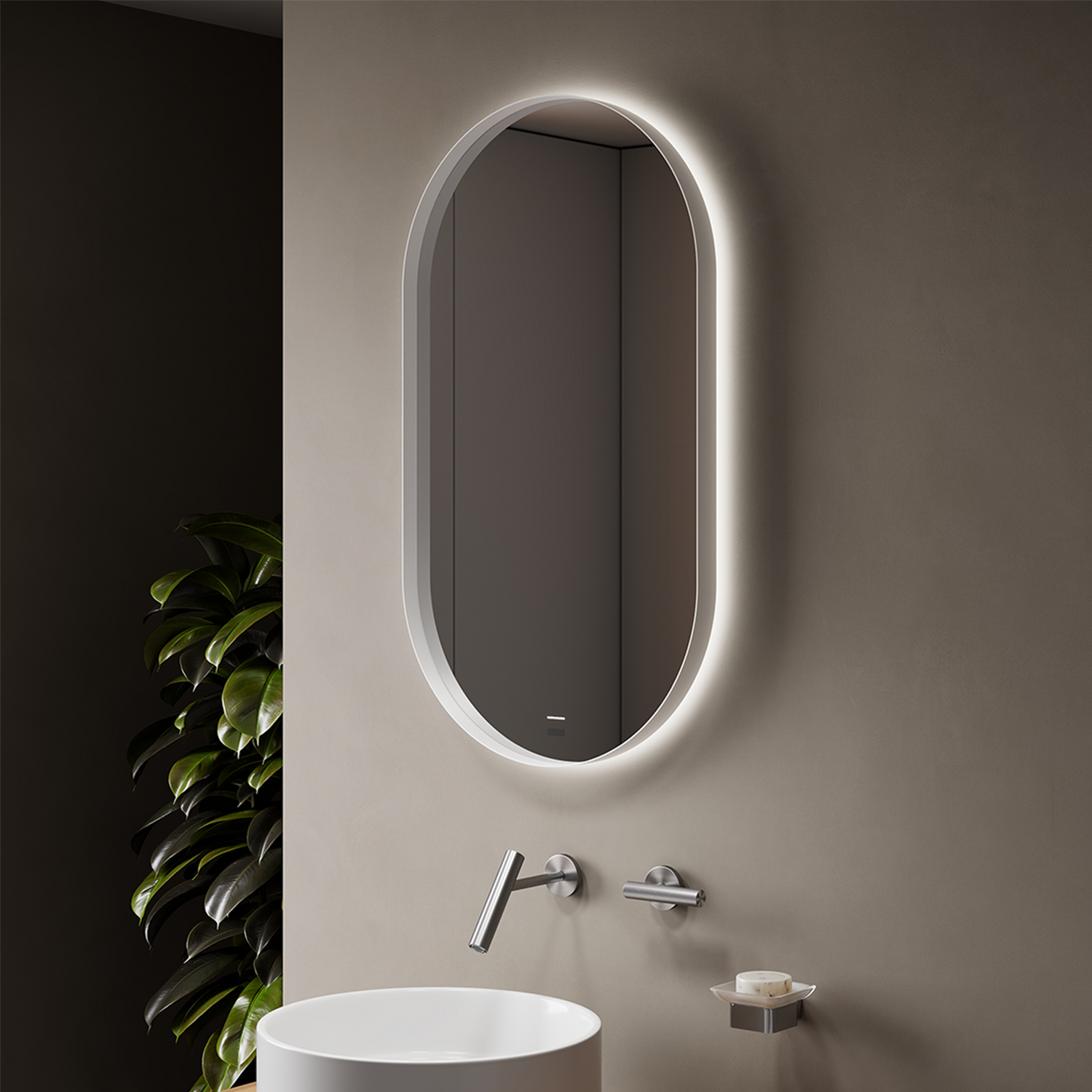 DIANO WHITE bathroom mirror, close-up of the reflective surface and frame. Claris Company.