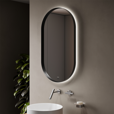 Close-up of DIANO BLACK mirror’s premium stainless steel frame