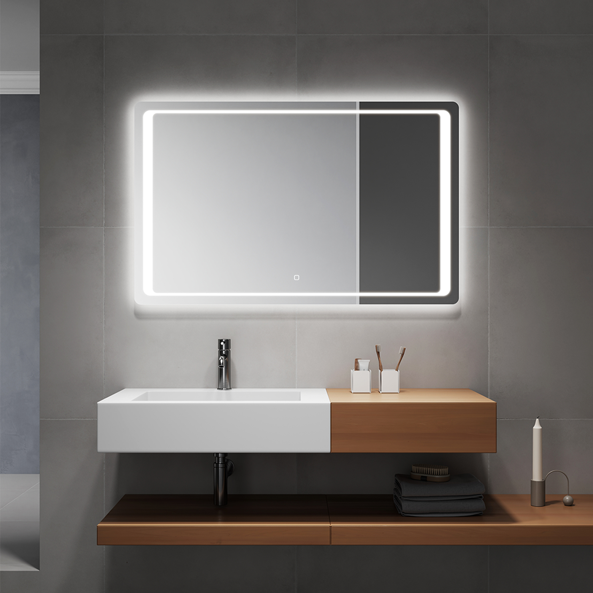 DIMO mirror with modern rectangular shape and rounded corners