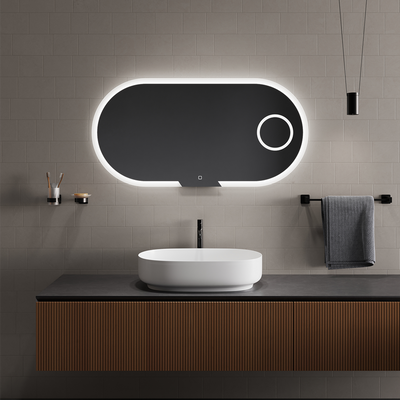 EVOLUTION mirror with sleek frosted frame and LED lighting