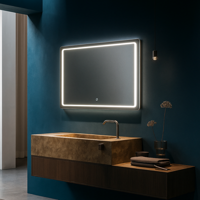 Bathroom with a modern sink and illuminated mirror against a dark blue wall.