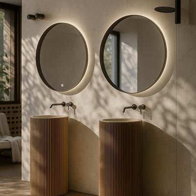 Bathroom with two round mirrors and two cylindrical sinks against a light wall.