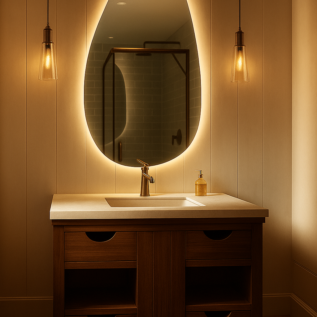 Bathroom vanity with illuminated mirror and lighting fixtures.