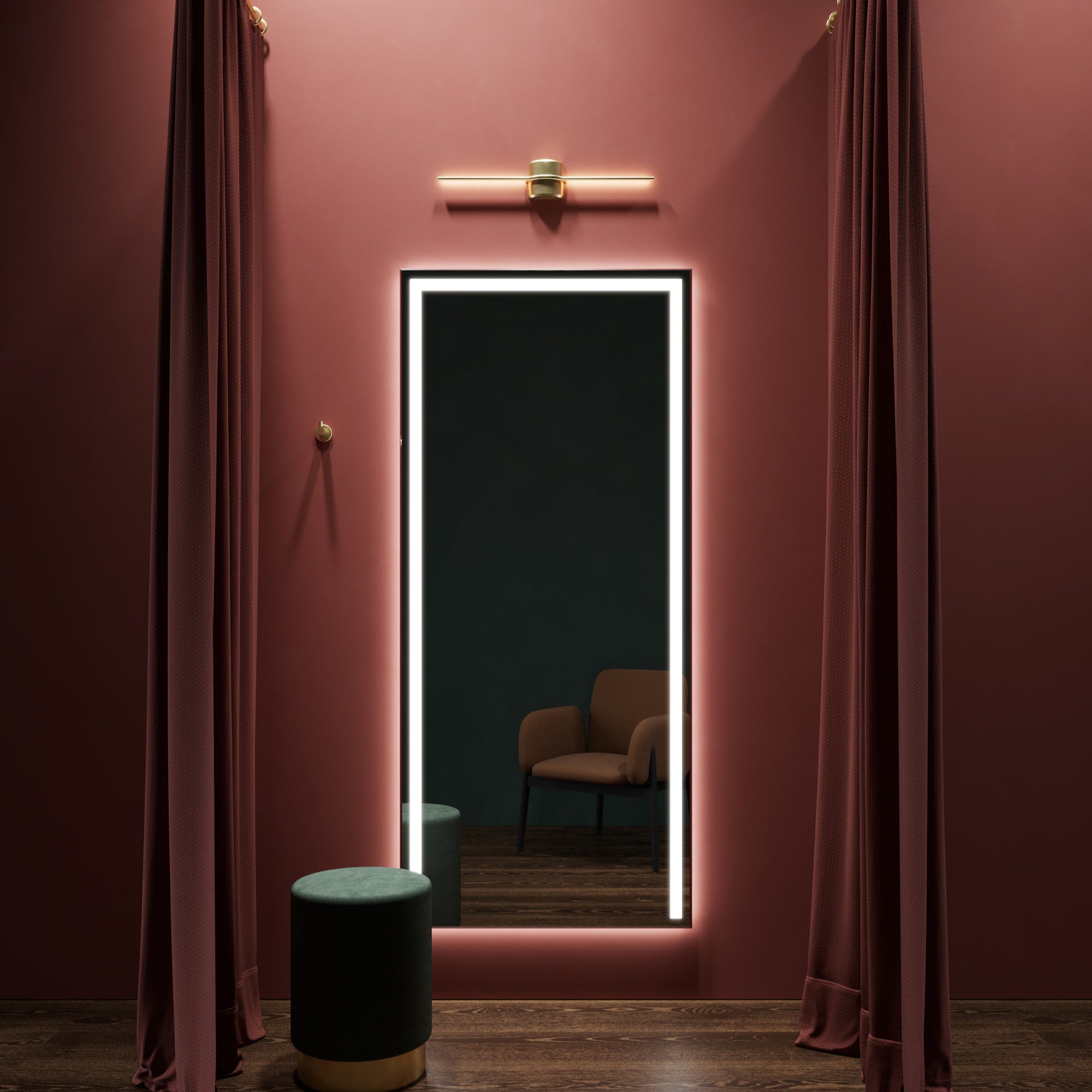 ACARI Decor rectangular LED mirror framing a dressing room in a home-living setting. Claris Company.
