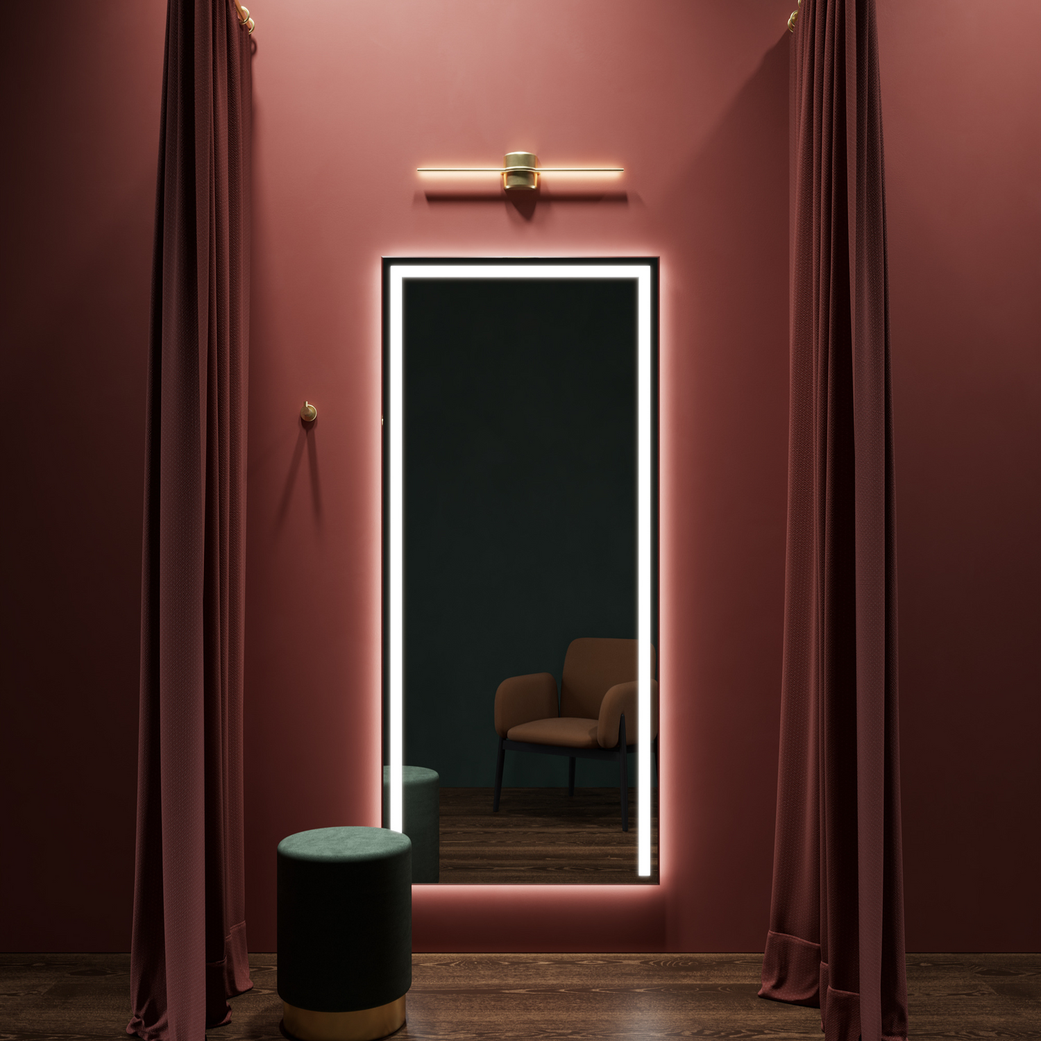 ACARI Decor rectangular LED mirror framing a dressing room in a home-living setting. Claris Company.