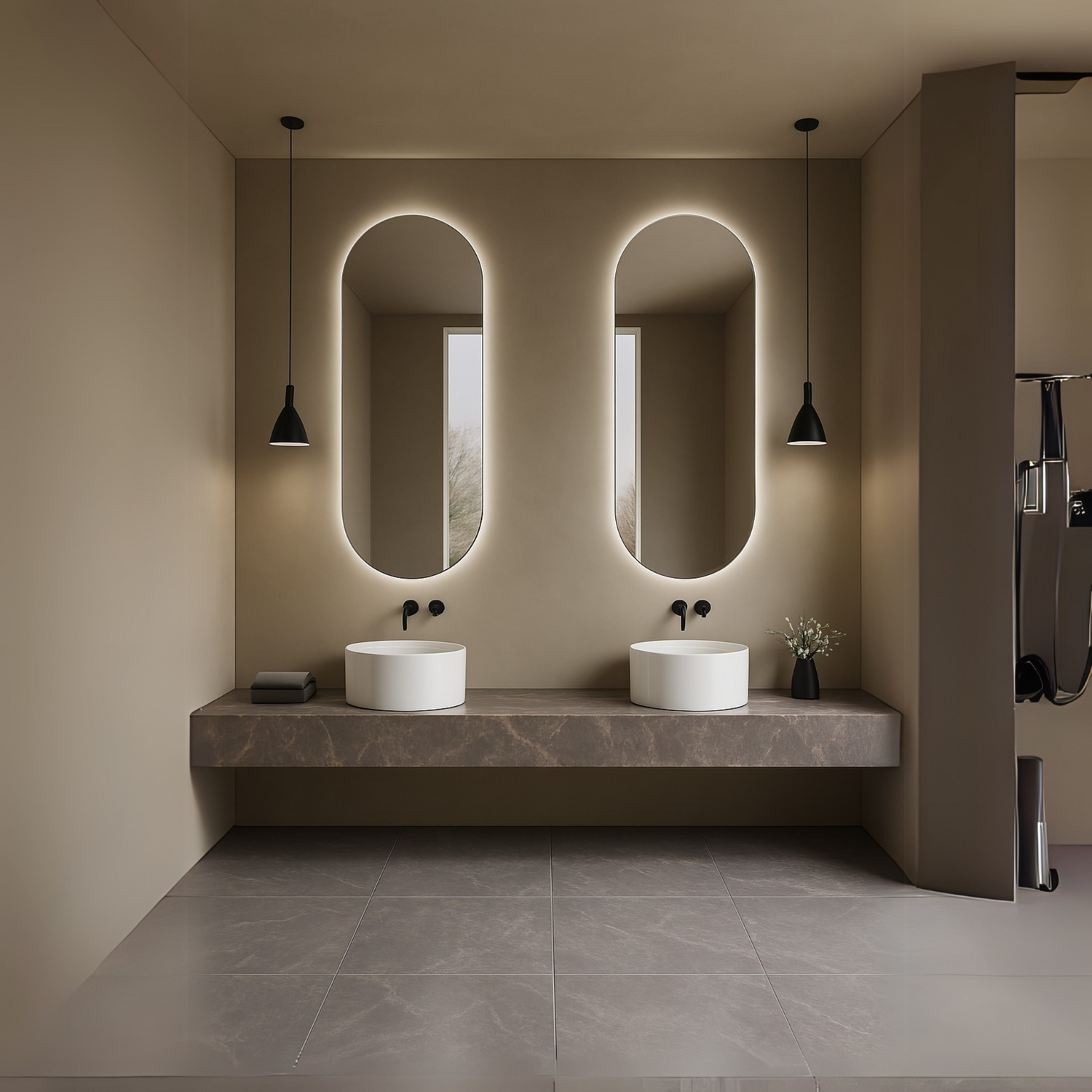 ACUTO paired oval LED bathroom mirrors with backlight. Claris Company.