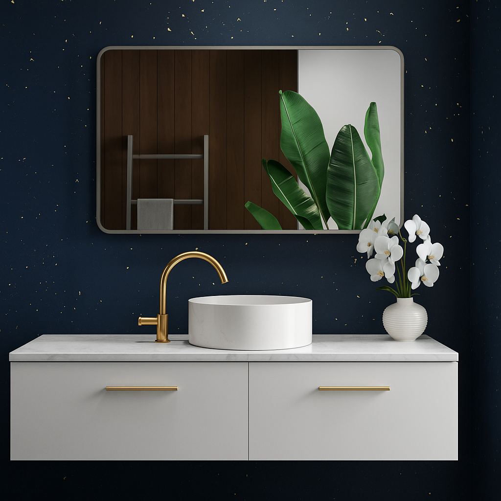 ANABO LED bathroom mirror with rounded frosted border, 48 by 30 inches. Claris Company.