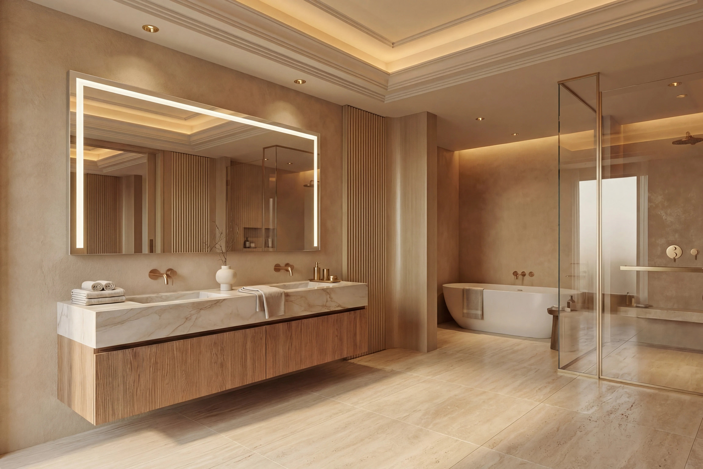 Modern bathroom with a vanity, large mirror, and bathtub.
