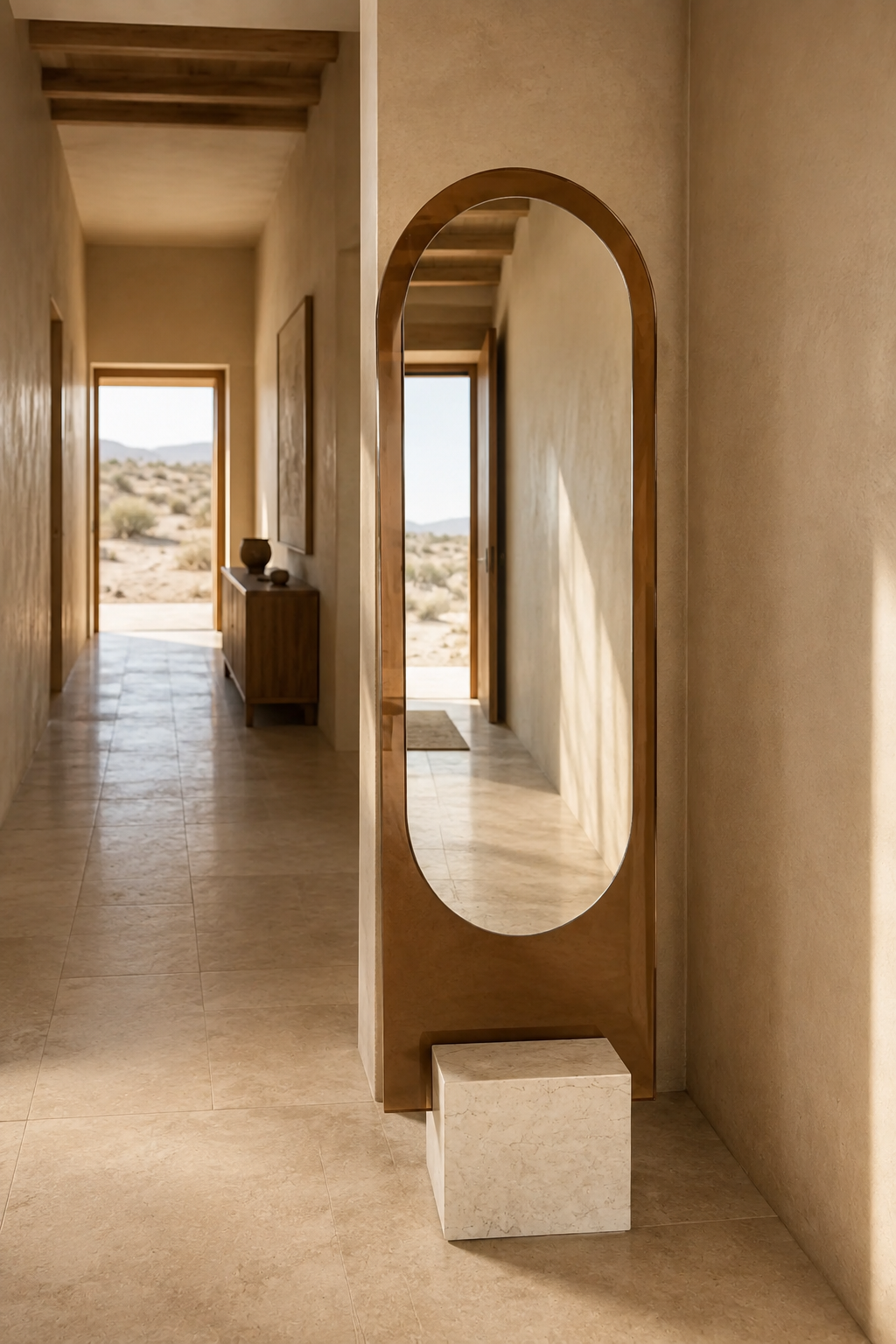 A tall arched floor mirror with a warm wood frame stands on a small stone pedestal in a sunlit hallway with beige plaster walls and tiled floors.