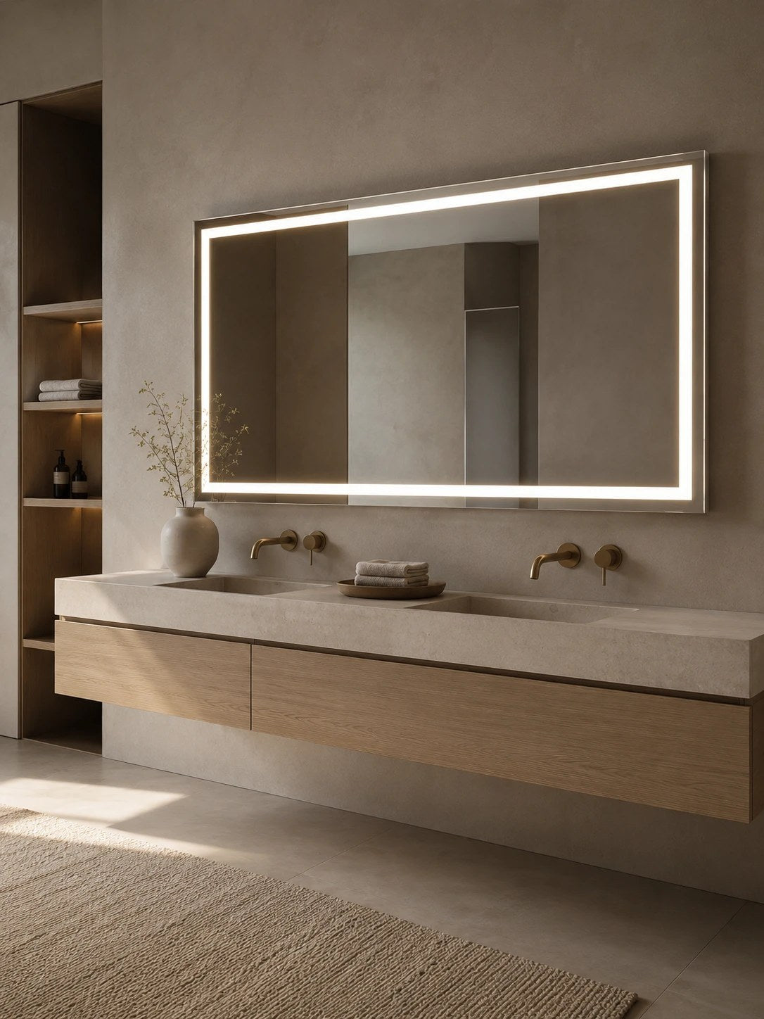 Claris BOCA front-lit LED bathroom mirror in a styled bathroom, Radiance Collection