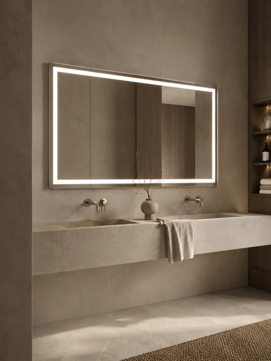 Claris BOCA front-lit LED bathroom mirror, close view of the frame and front light, Radiance Collection
