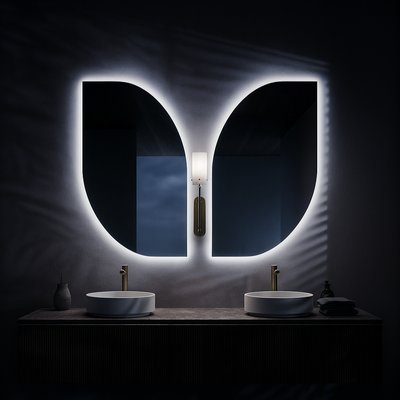 Bathroom vanity with two round sinks and illuminated mirrors in a dark setting