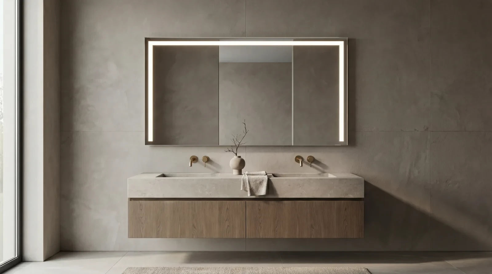 Claris ACARI LED mirror over a double vanity, wide product hero