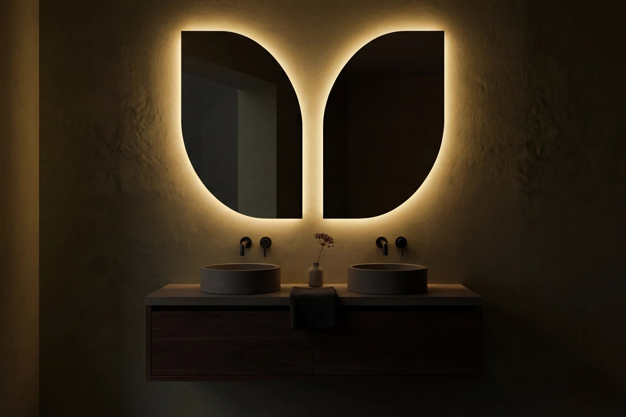 Claris BUTTERFLY LED mirror in a moody bathroom, wide product hero
