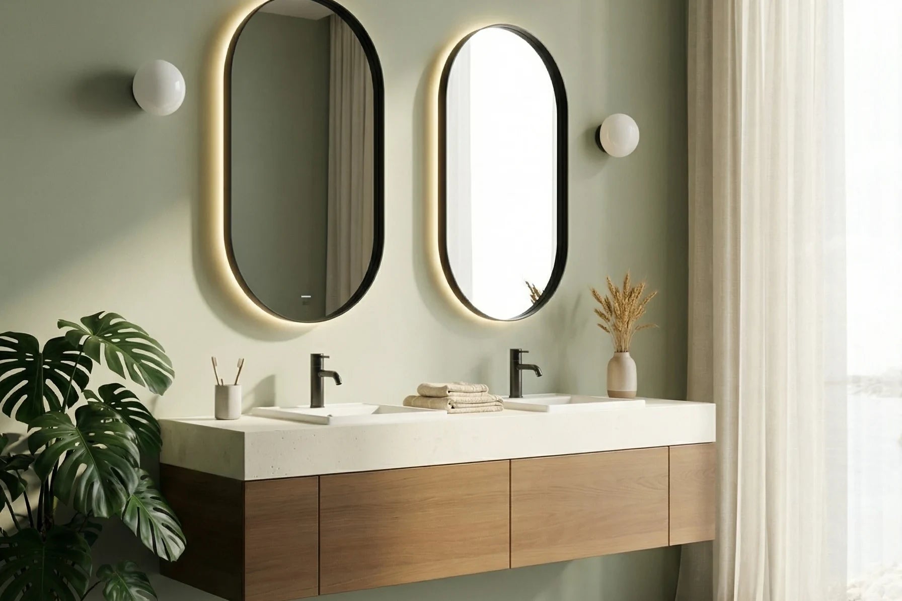 Claris DIANO black framed LED mirror in a bathroom, wide product hero