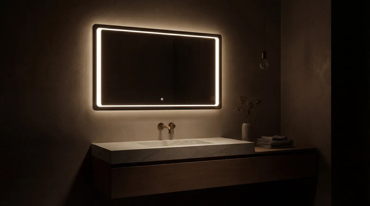 Claris DIMO backlit LED mirror in a bathroom, wide product hero