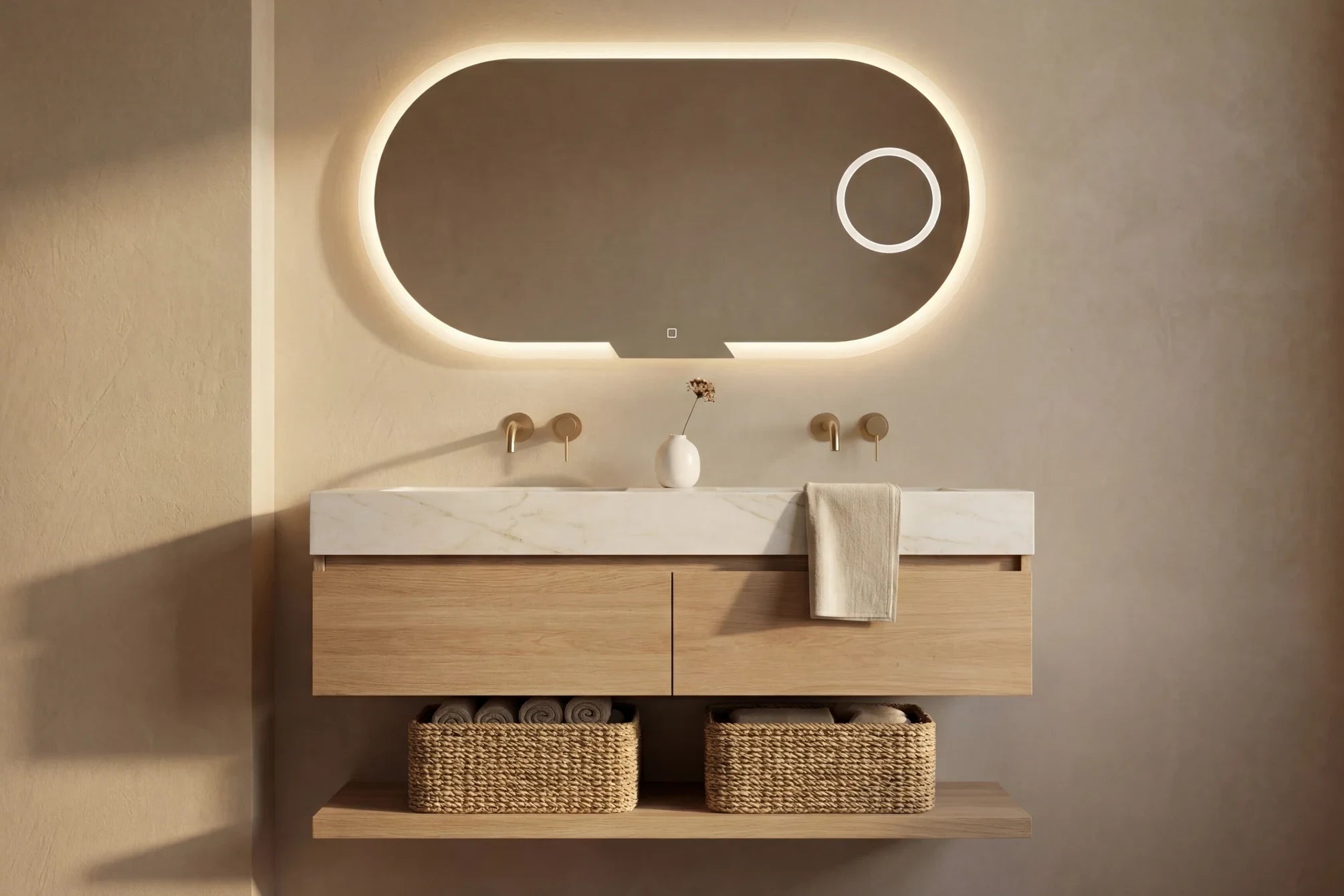 Claris EVOLUTION LED mirror in a moody bathroom, wide product hero