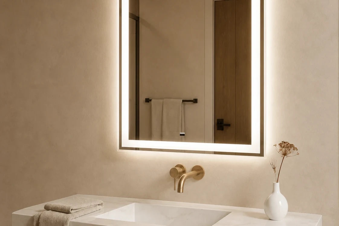 Claris MORENO LED mirror in a bathroom, wide product hero
