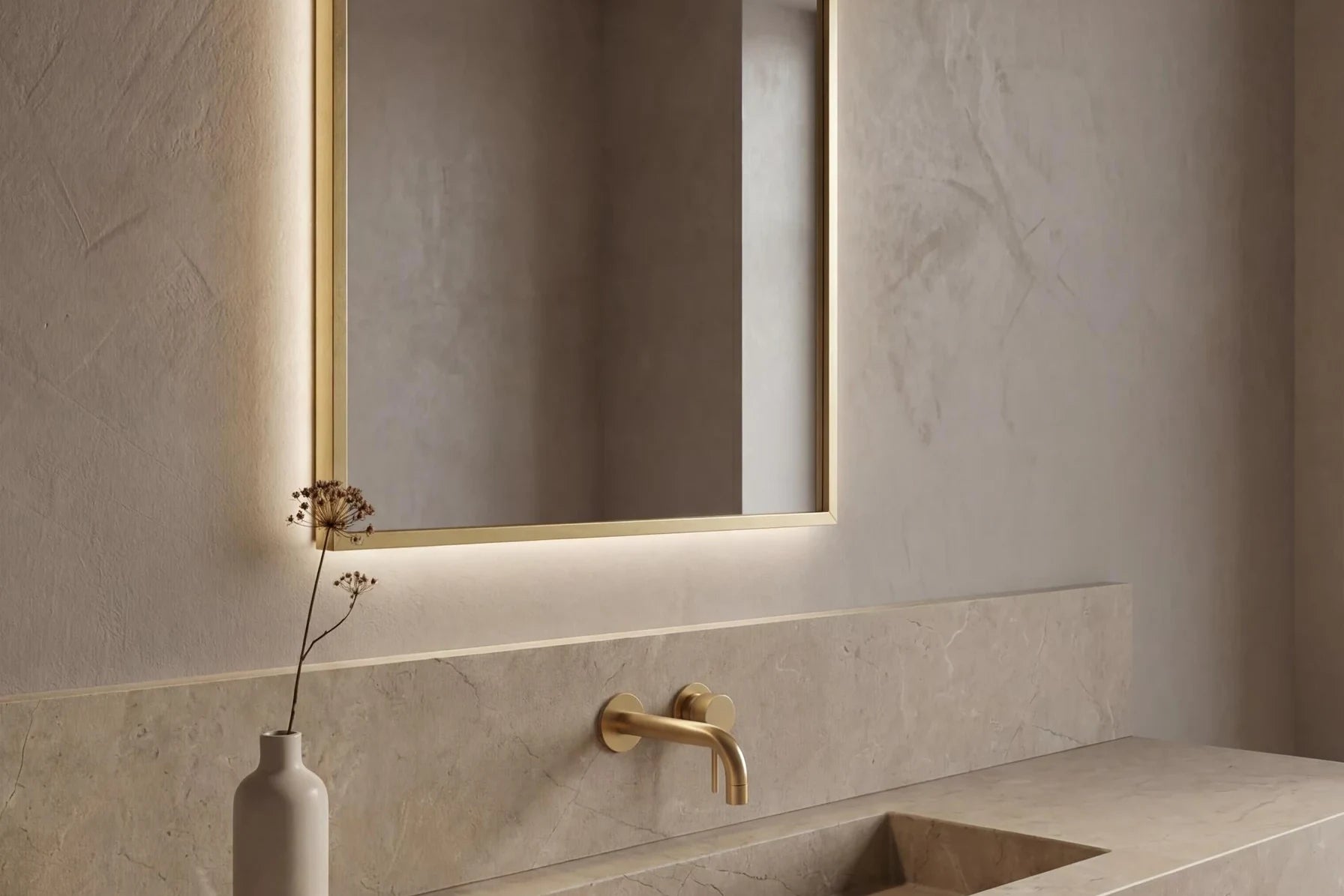 Claris ORO LIGHT LED mirror in a bathroom, wide product hero