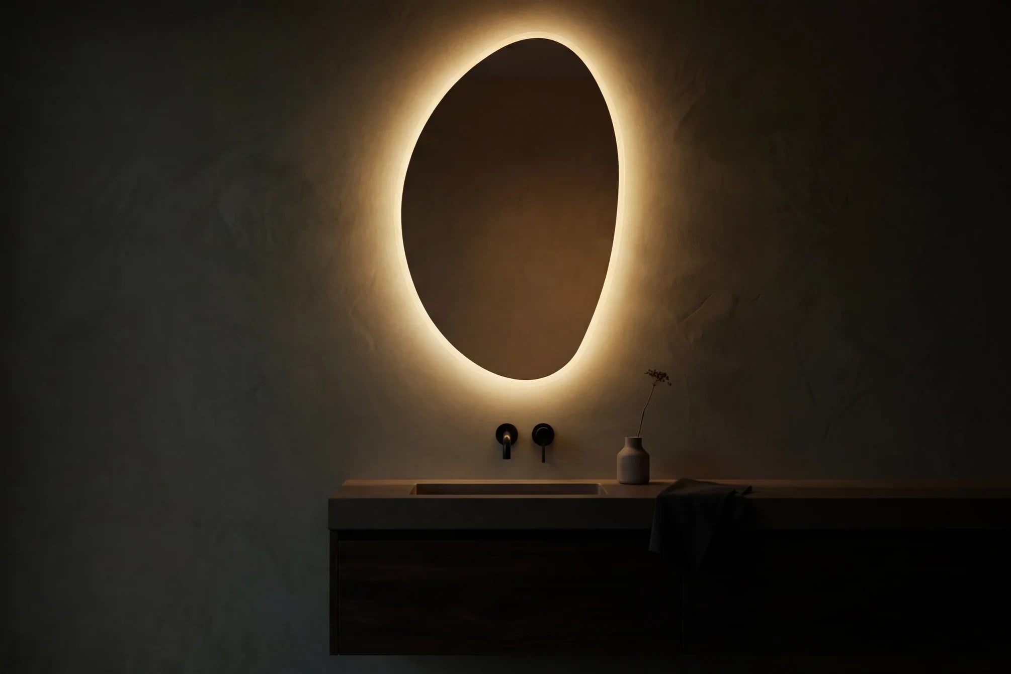 Claris PEBBLE LED mirror in a bathroom, wide product hero