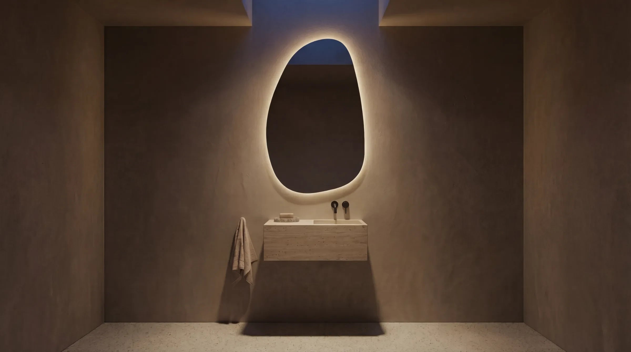 Claris STONE backlit LED mirror in a bathroom, wide product hero