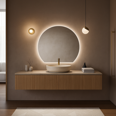 Modern bathroom vanity with round mirror and lighting fixtures.