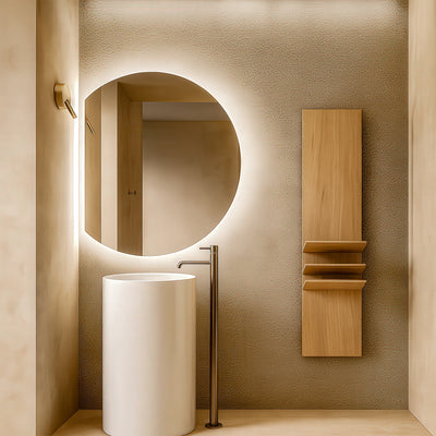 Bathroom with round illuminated mirror, white sink, and wooden cabinet.