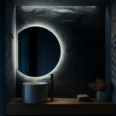 Bathroom with a round mirror emitting a soft glow, sink, and decorative elements.