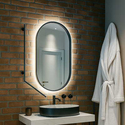 Bathroom setup with a sink, mirror, and robe against a brick wall.