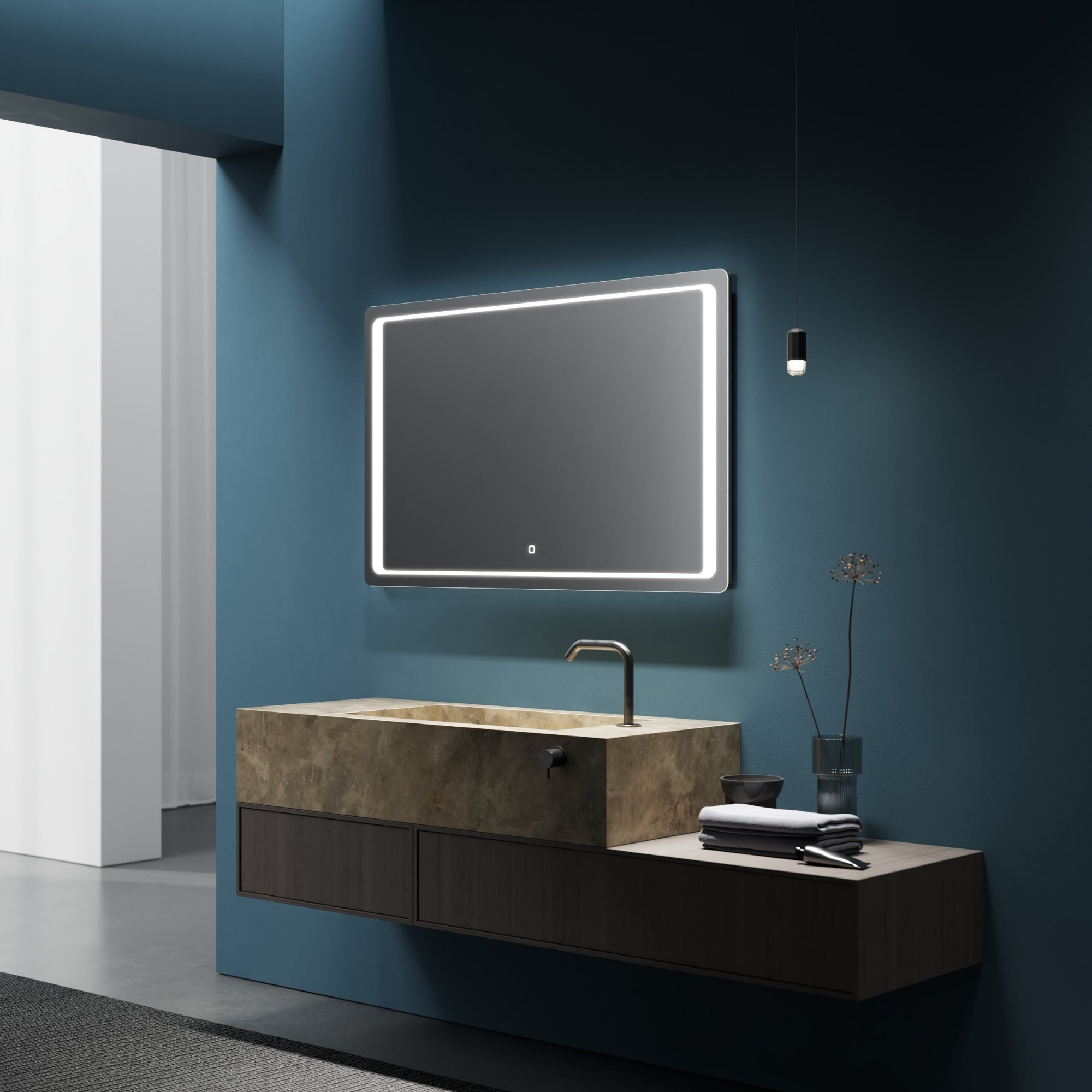 Frameless DIMO mirror with soft, ambient glow
