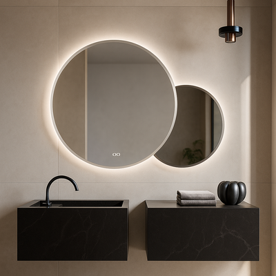 Bathroom vanity with round mirror and illuminated backlit wall.