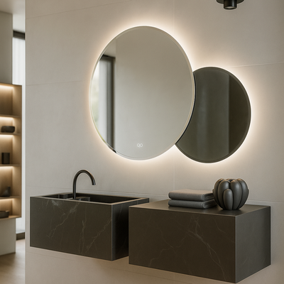 Modern bathroom vanity with round mirror and illuminated frame.