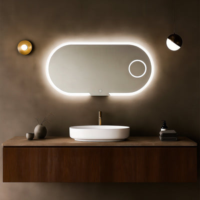 Bathroom vanity with illuminated mirror and wooden cabinet