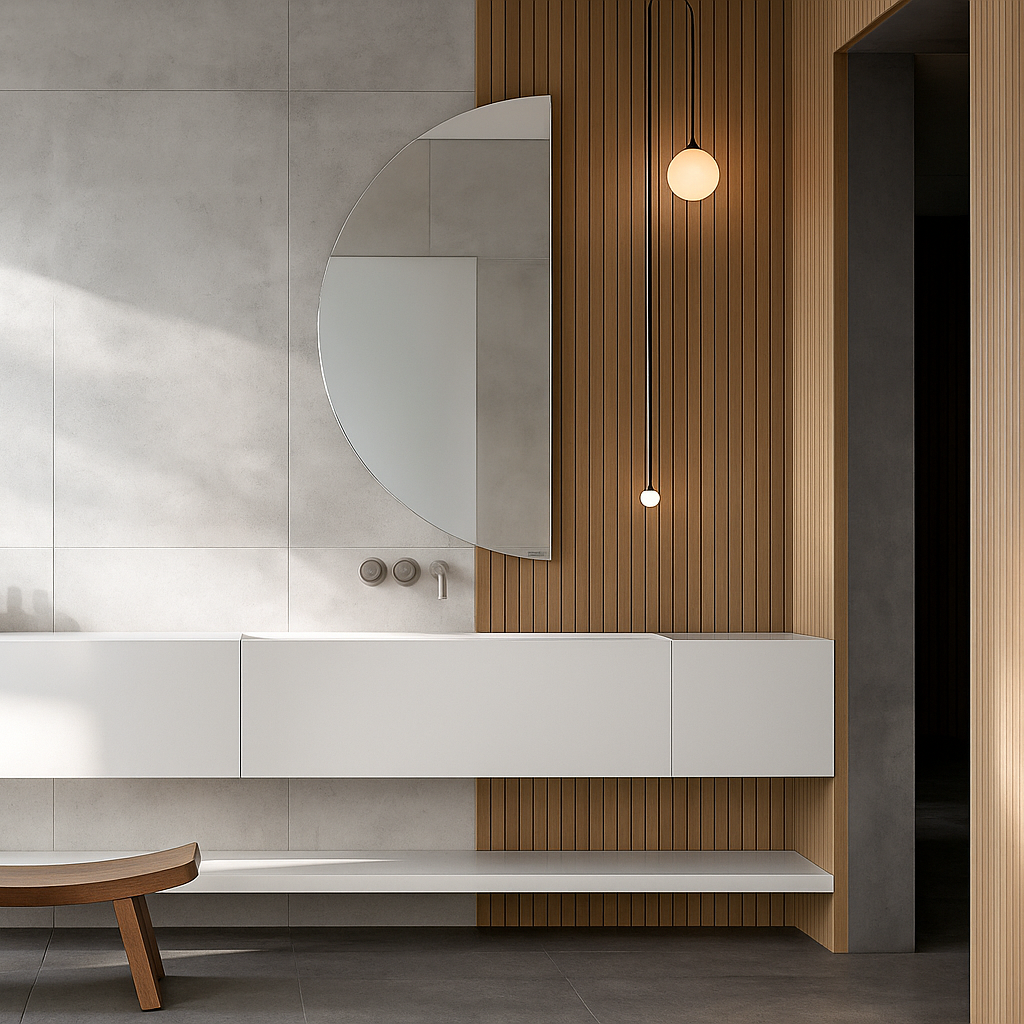 Elise sculptural LED bathroom mirror with white vanity and wood bench. Claris Company.