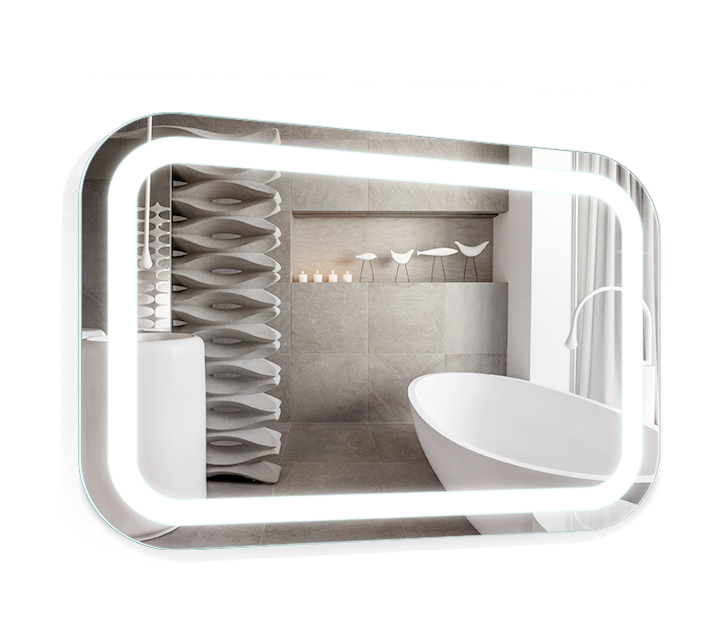 Claris LENATO 44 by 26 inch front-lit LED bathroom mirror in a bath with a freestanding tub, Radiance Collection