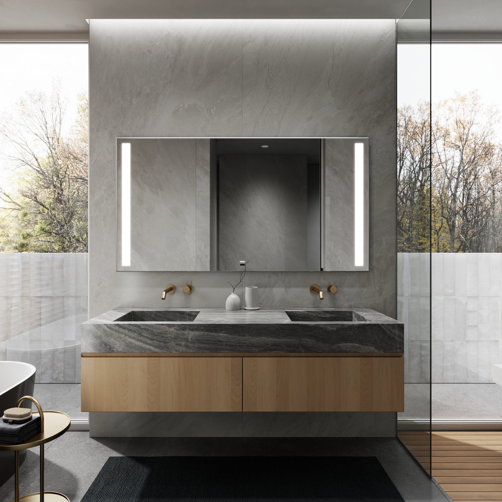 LUGO LED bathroom mirror with vertical lighting, daytime view. Claris Company.