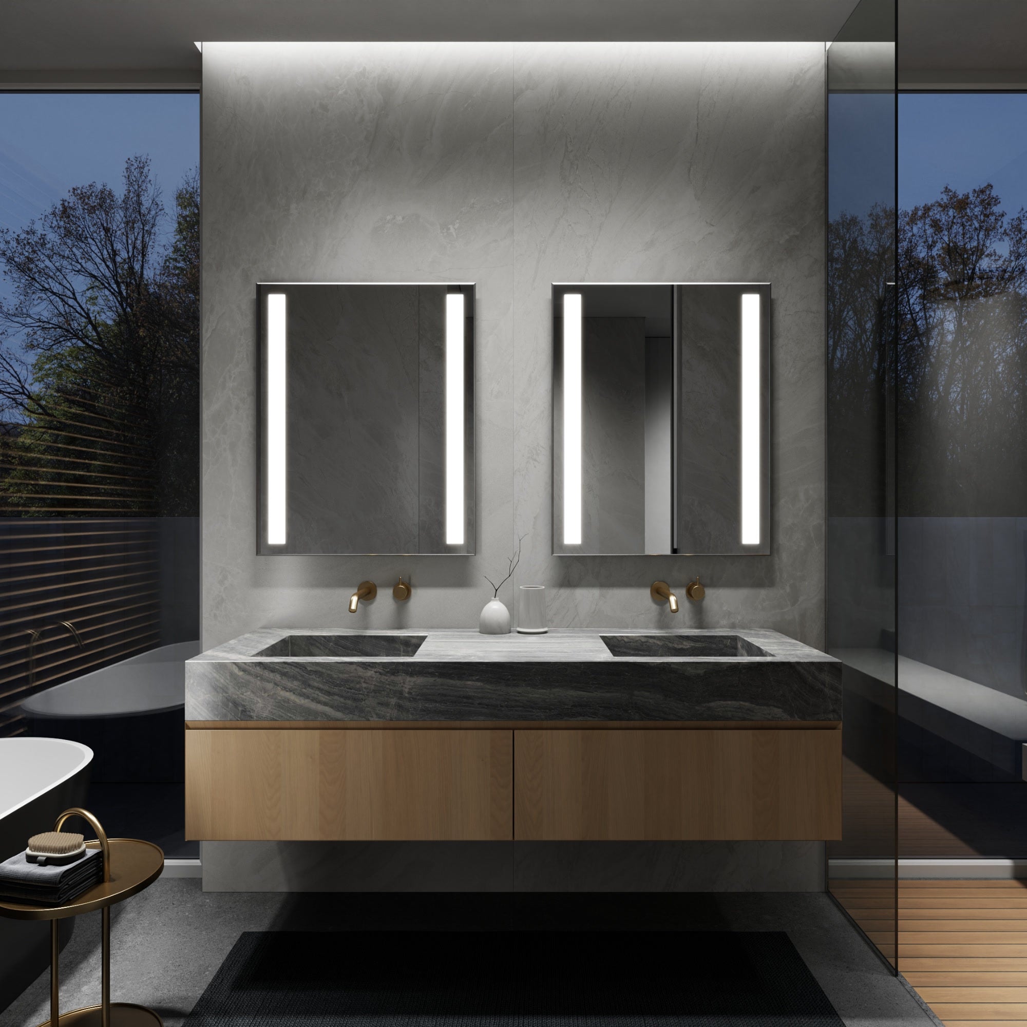 LUGO LED bathroom mirrors with vertical lighting, paired, night view. Claris Company.
