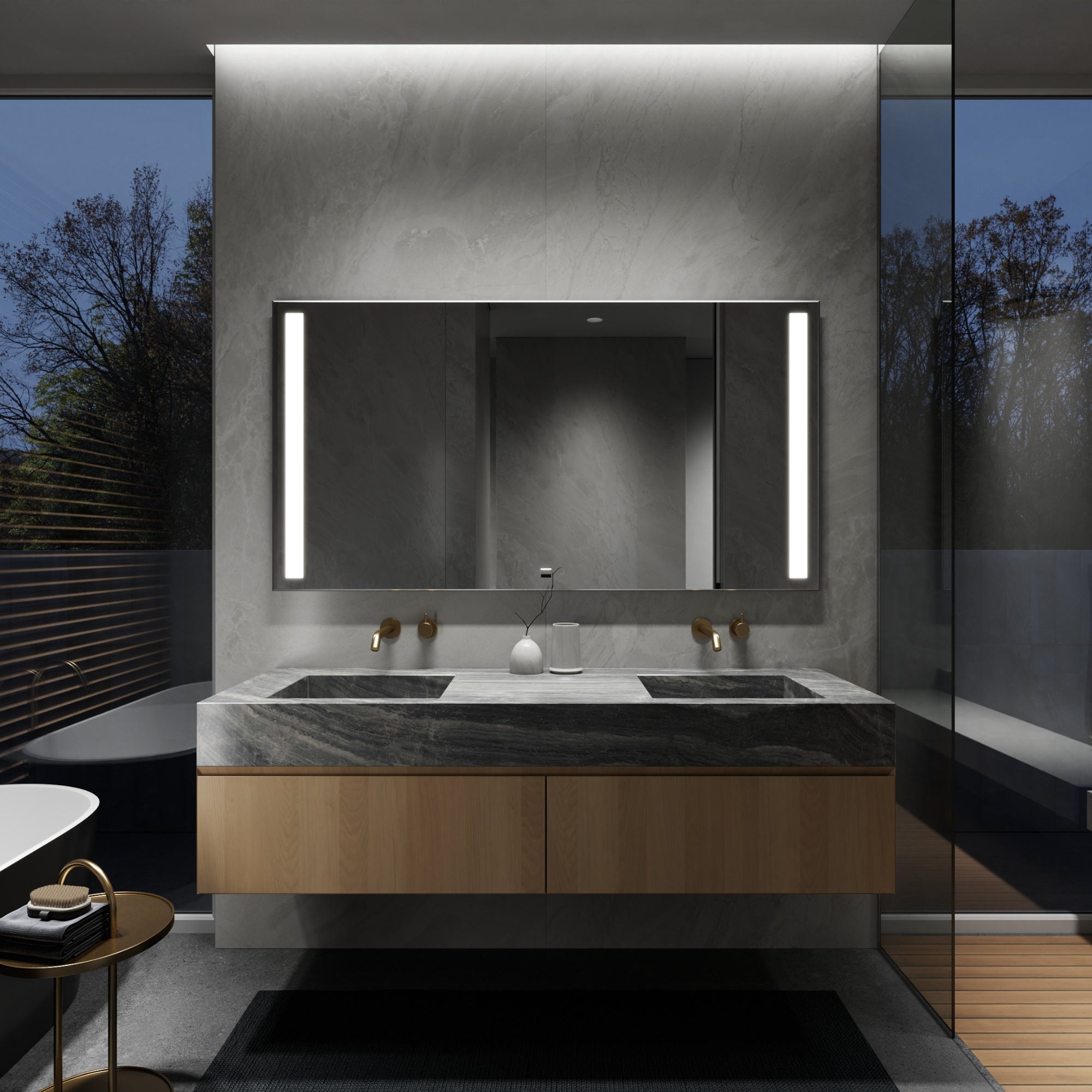 LUGO LED bathroom mirror with vertical front lighting, night glow. Claris Company.