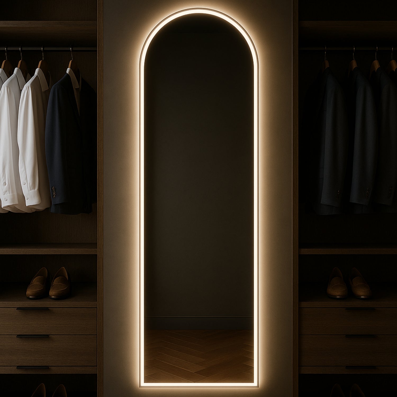 Marlowe soft-arch LED mirror with backlight in a home-living interior. Claris Company.