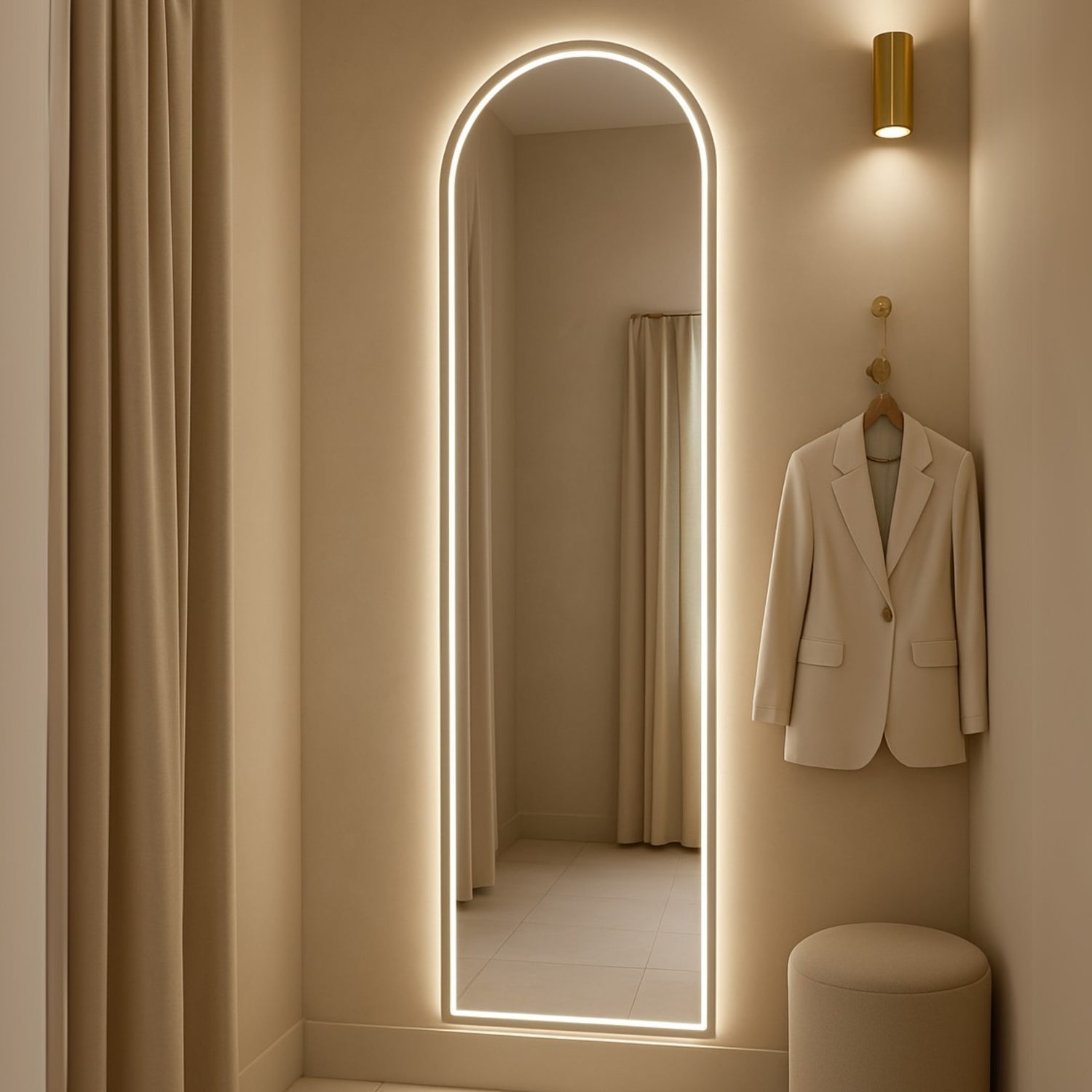 Marlowe arched backlit LED mirror for a dressing room, home-living setting. Claris Company.