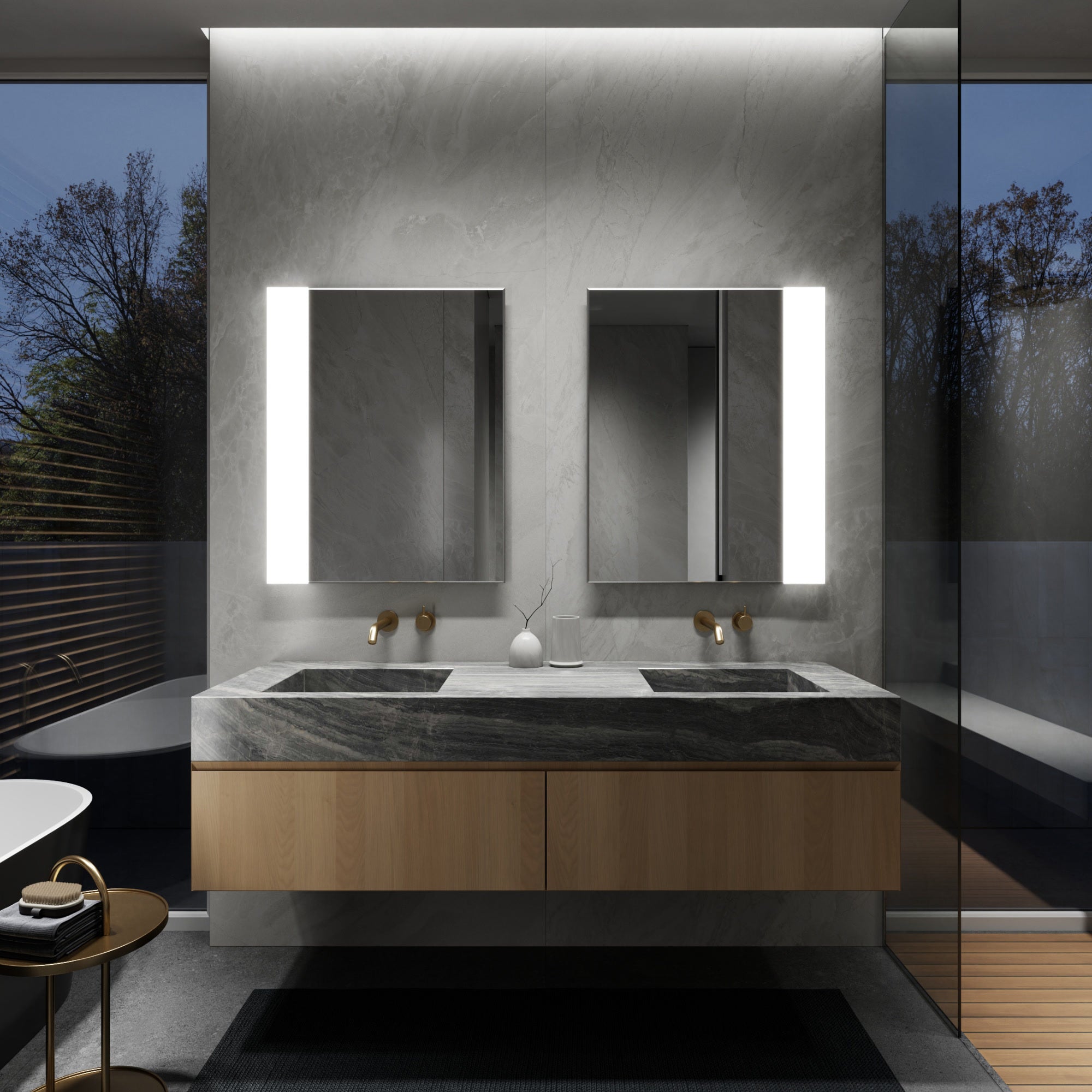 NANO LED bathroom mirror with full-height edge lighting, night glow. Claris Company.
