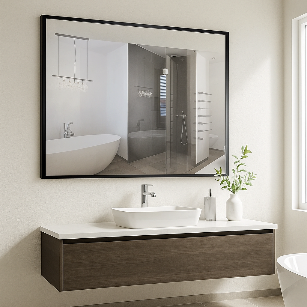 NERO LED bathroom mirror with black aluminum frame, 36 by 30 inches. Claris Company.