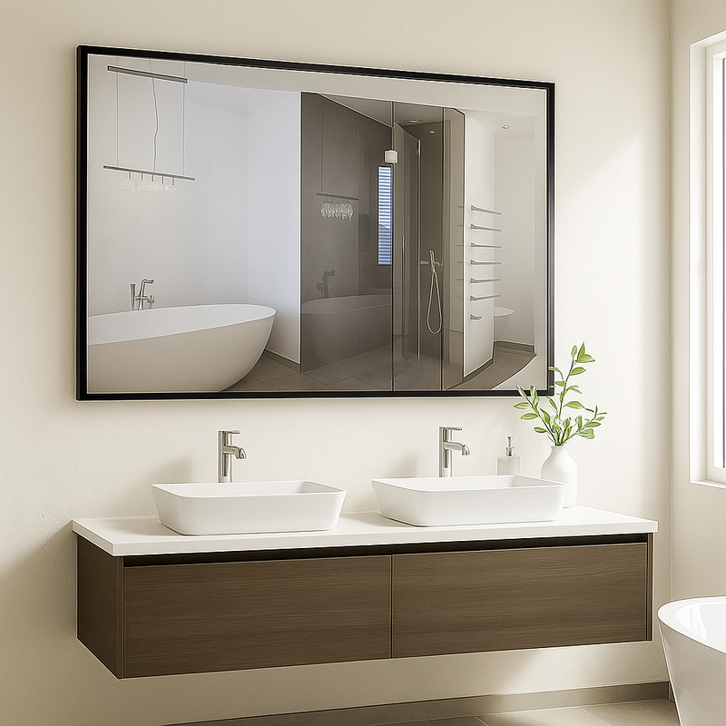 NERO black-framed bathroom mirror, 48 by 30 inches, Origin Collection. Claris Company.