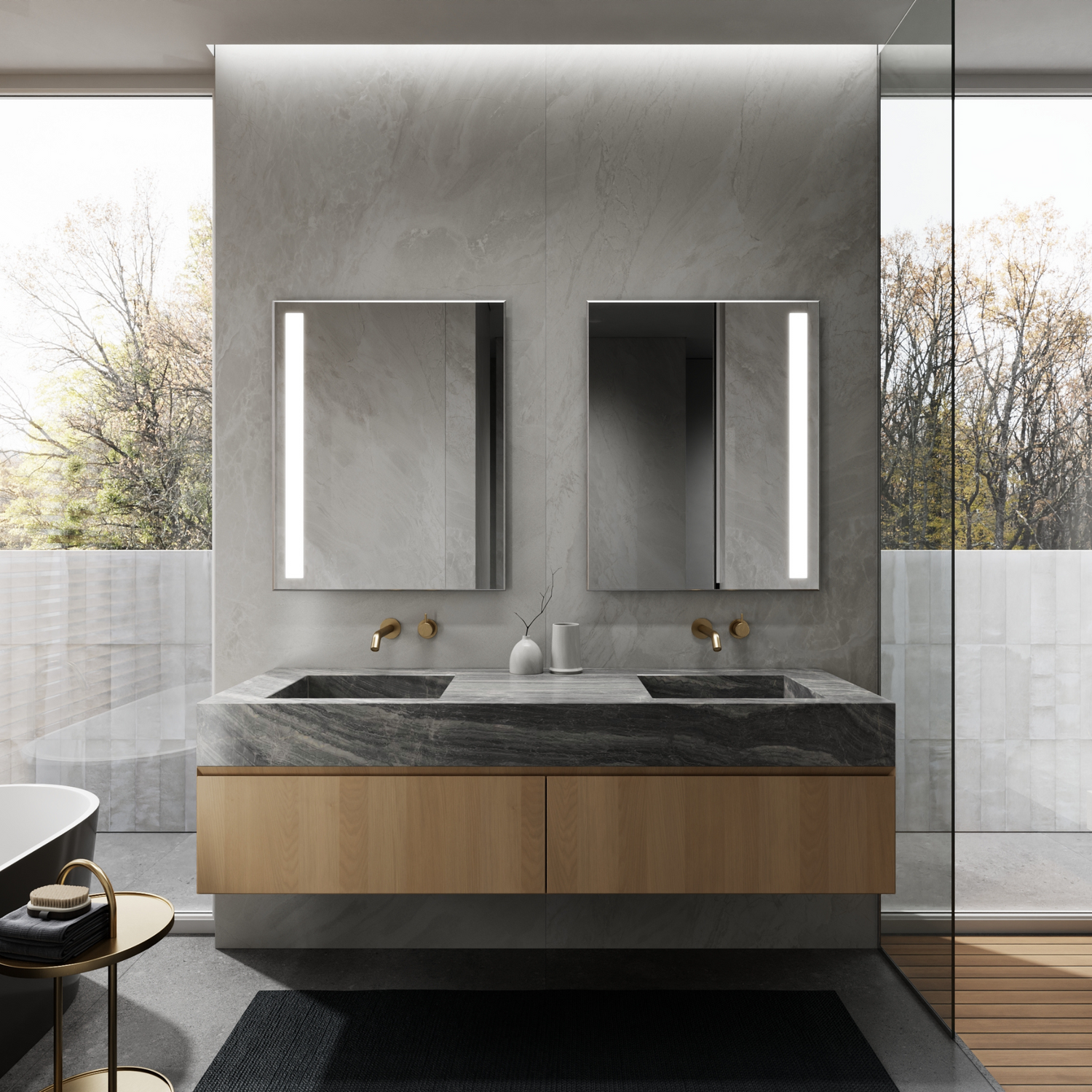 NORMA LED bathroom mirror with balanced side lighting, daytime view. Claris Company.